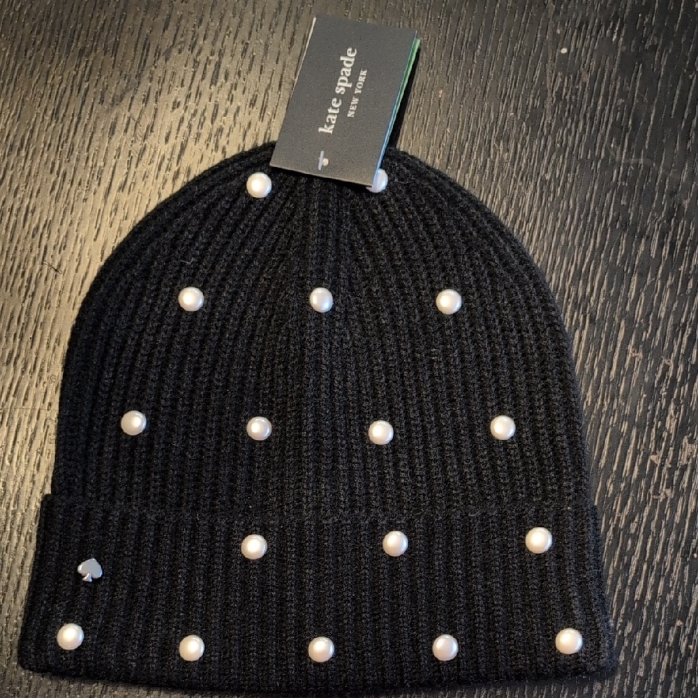 Kate Spade Black Knit Hat with Pearl Details